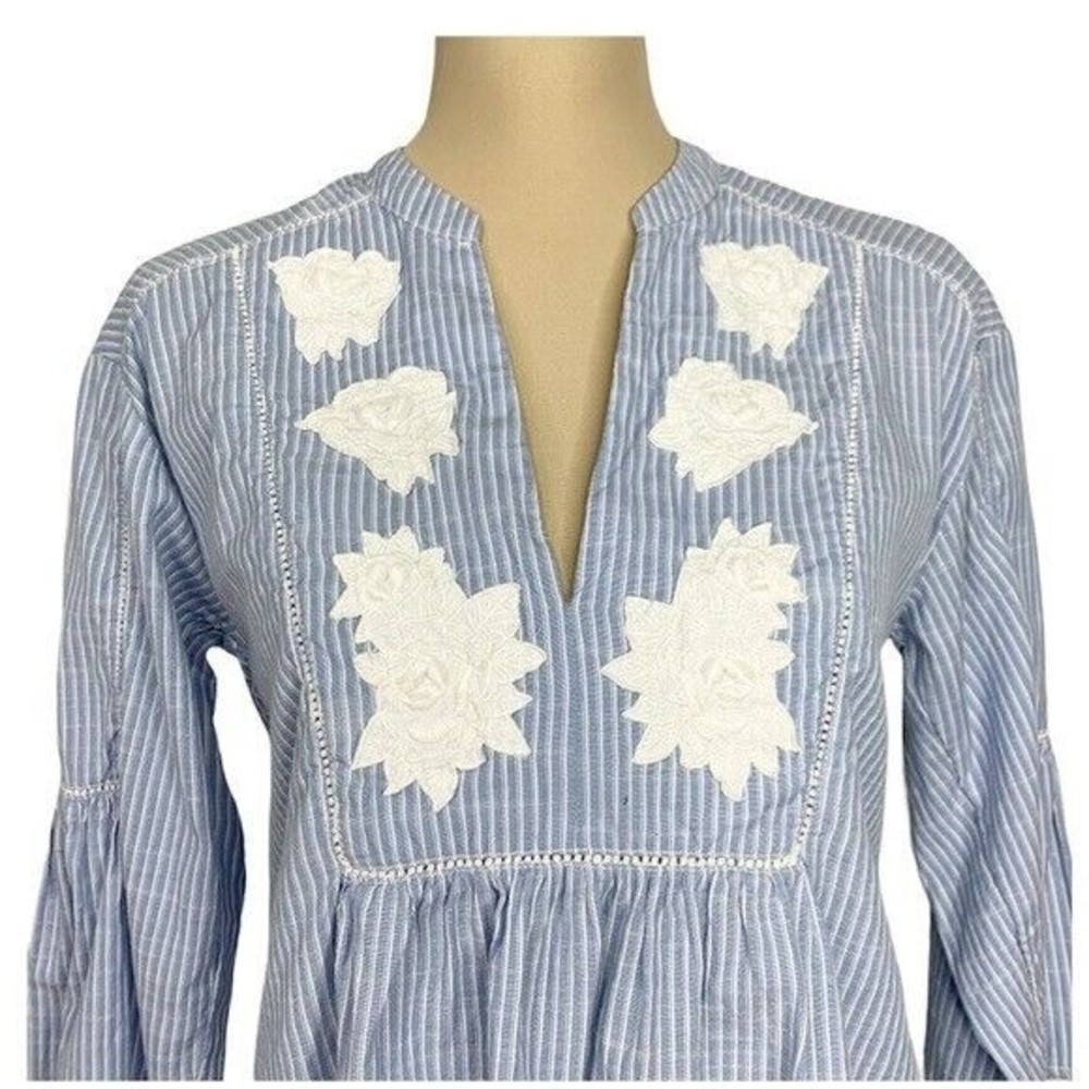 H&M Logg Women’s Top Blouse Size 2 Blue V Neck Bell Sleeves - Picture 5 of 14
